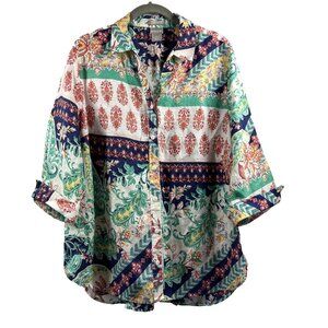 Chicos Women's‎ Top Blouse Large Colorful Artsy 100% Linen 3/4 Sleeve Button Up